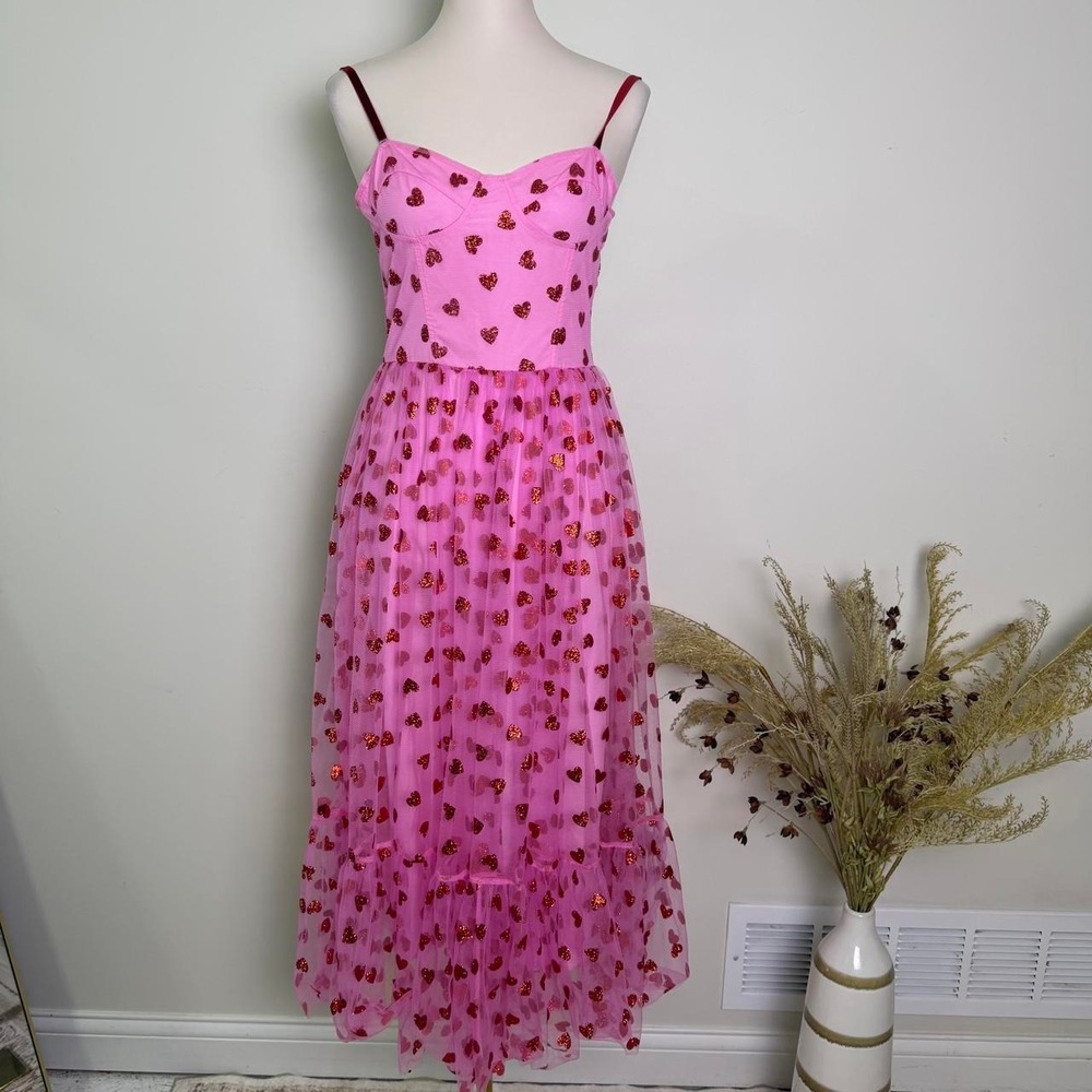 Pink Red Glitter Heart Tulle Midi Dress - Size Medium (Runs Small / Fits XS-S)